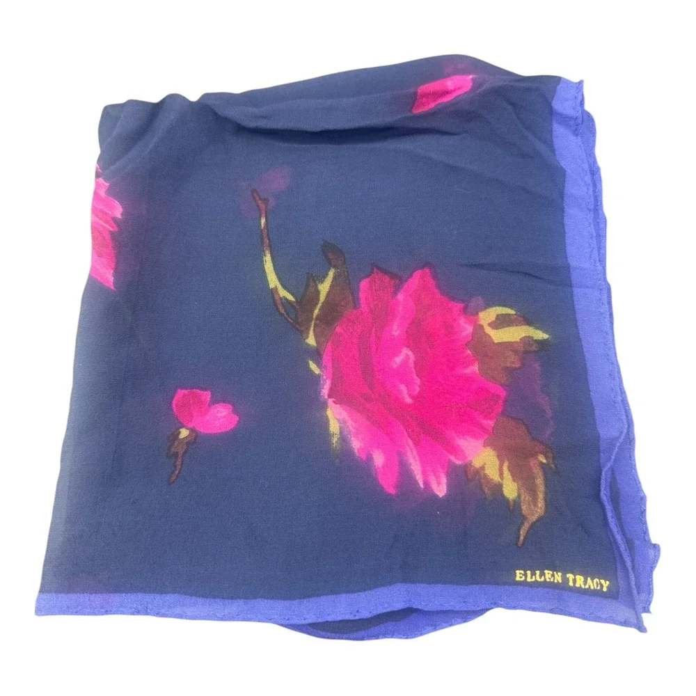 Ellen Tracy Vintage Square Scarf Navy Blue Pink Floral Rose Print Sheer
